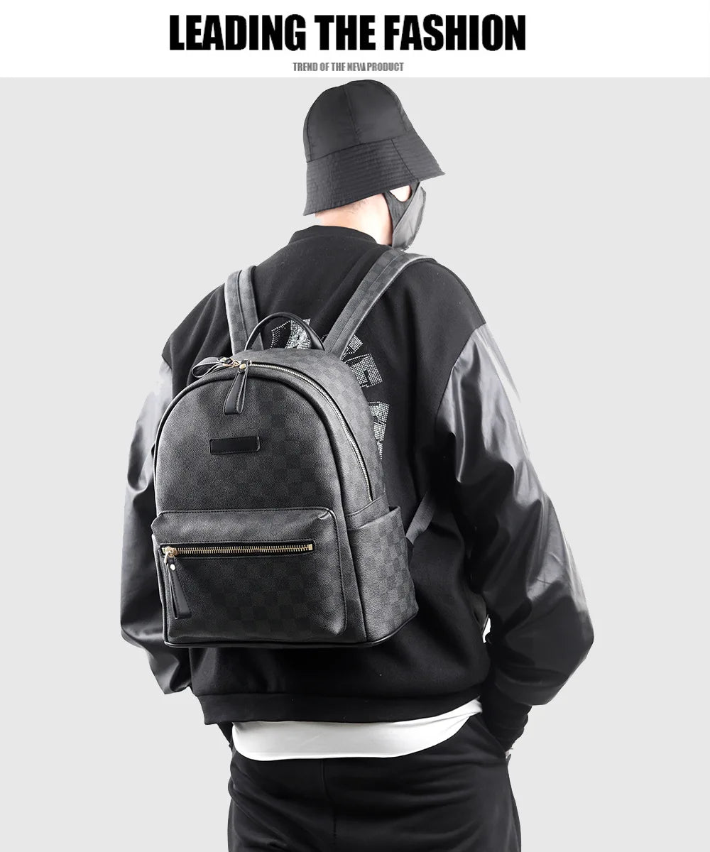 Classic leather plaid backpack, trendy men's new street backpack, fashionable college student schoolbag computer bag