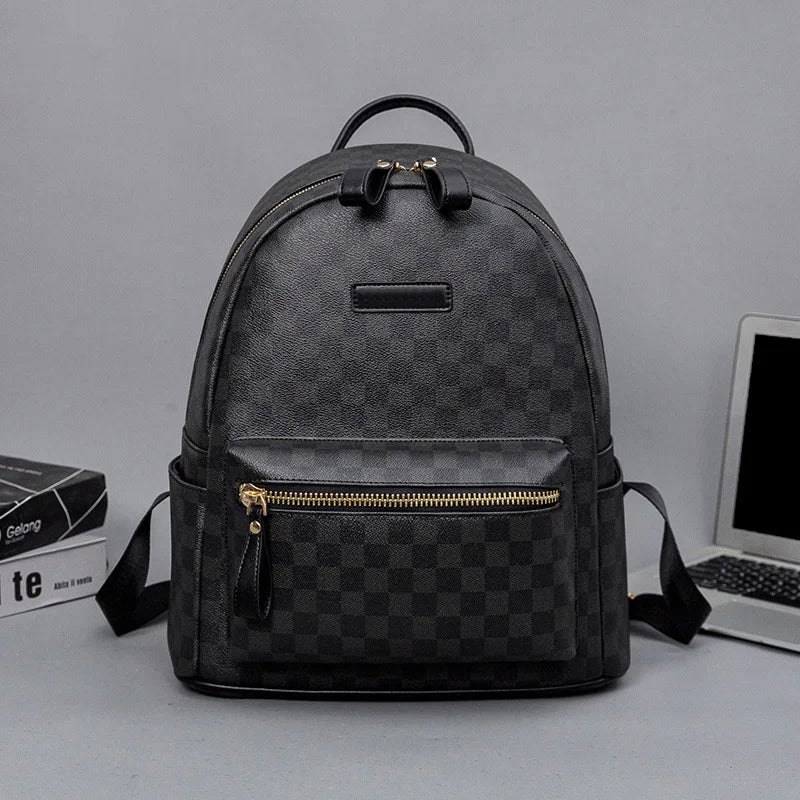 Classic leather plaid backpack, trendy men's new street backpack, fashionable college student schoolbag computer bag