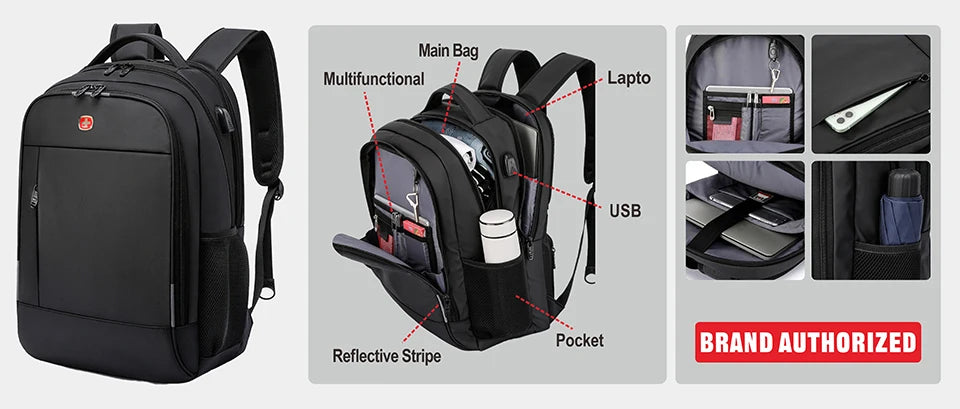 SWISS MILITARY Laptop Backpack Men 17 Inch Multi Pocket Expandable Backpack Waterproof USB School Backpack Business Travel Bag