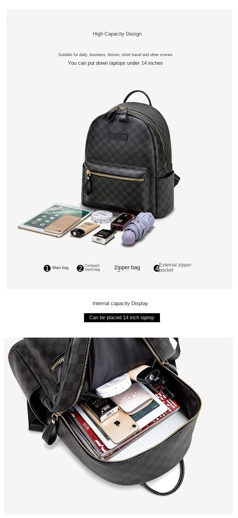 Classic leather plaid backpack, trendy men's new street backpack, fashionable college student schoolbag computer bag