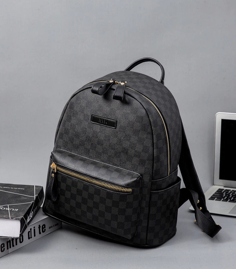 Classic leather plaid backpack, trendy men's new street backpack, fashionable college student schoolbag computer bag