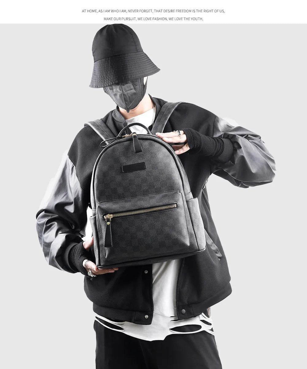 Classic leather plaid backpack, trendy men's new street backpack, fashionable college student schoolbag computer bag