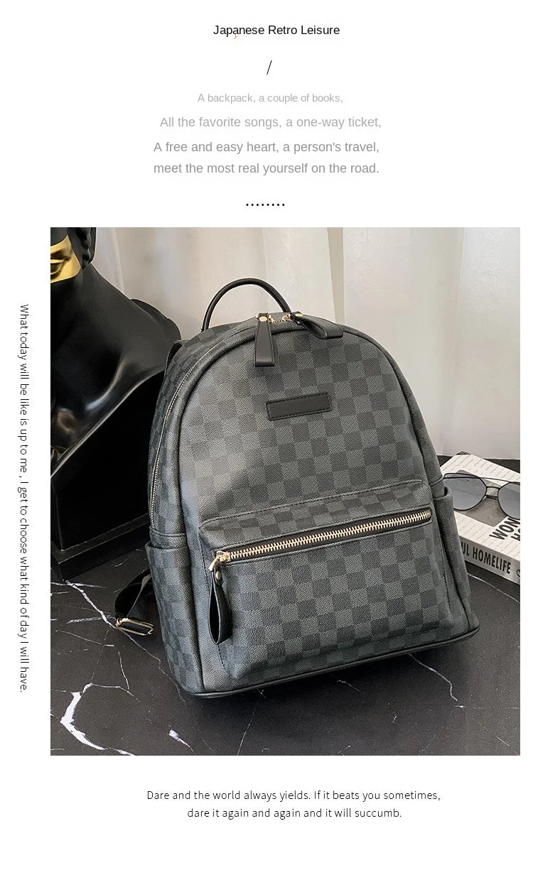 Classic leather plaid backpack, trendy men's new street backpack, fashionable college student schoolbag computer bag