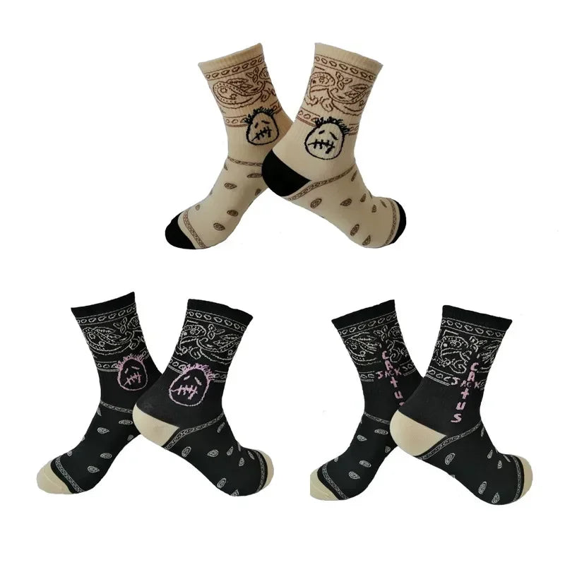 3 Pairs Men's Sports Style Street Skateboards  Crew Cactus Jack Hip Hop Harajuku Basketball Socks Women