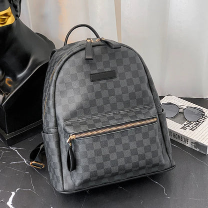 Classic leather plaid backpack, trendy men's new street backpack, fashionable college student schoolbag computer bag