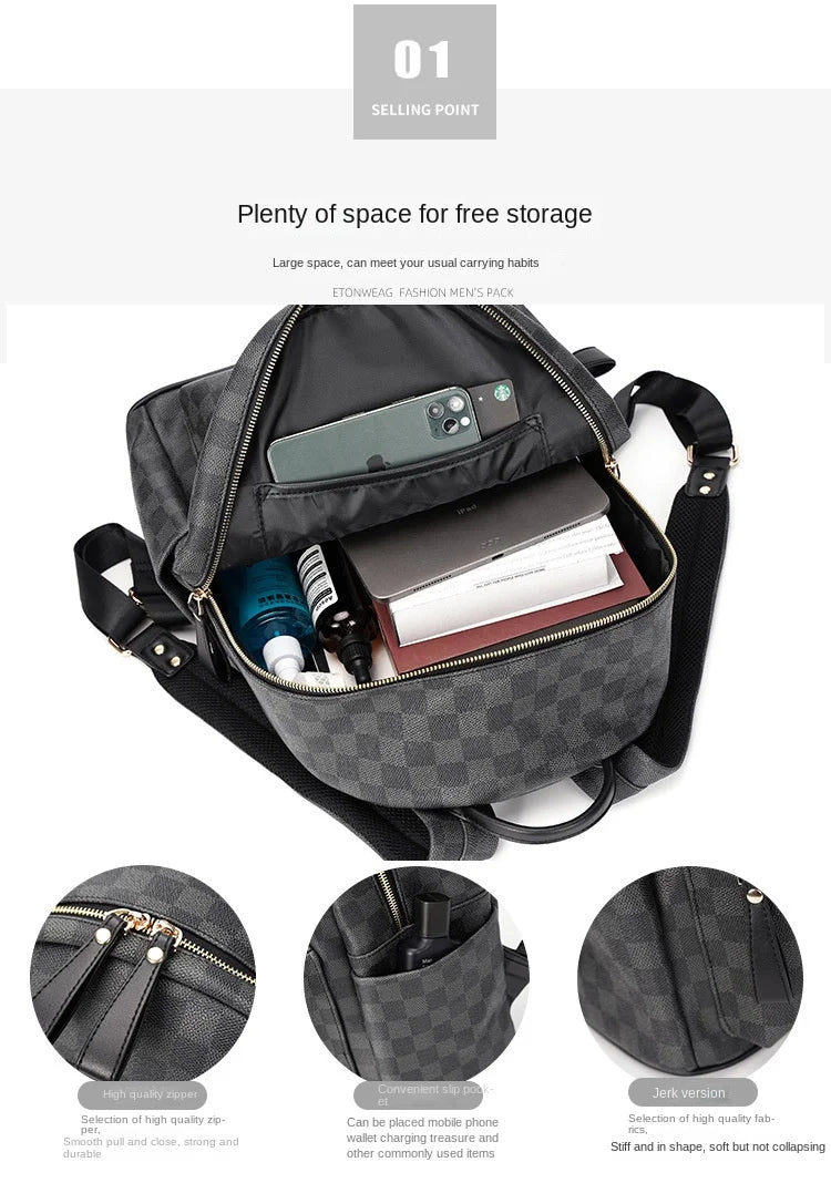 Classic leather plaid backpack, trendy men's new street backpack, fashionable college student schoolbag computer bag