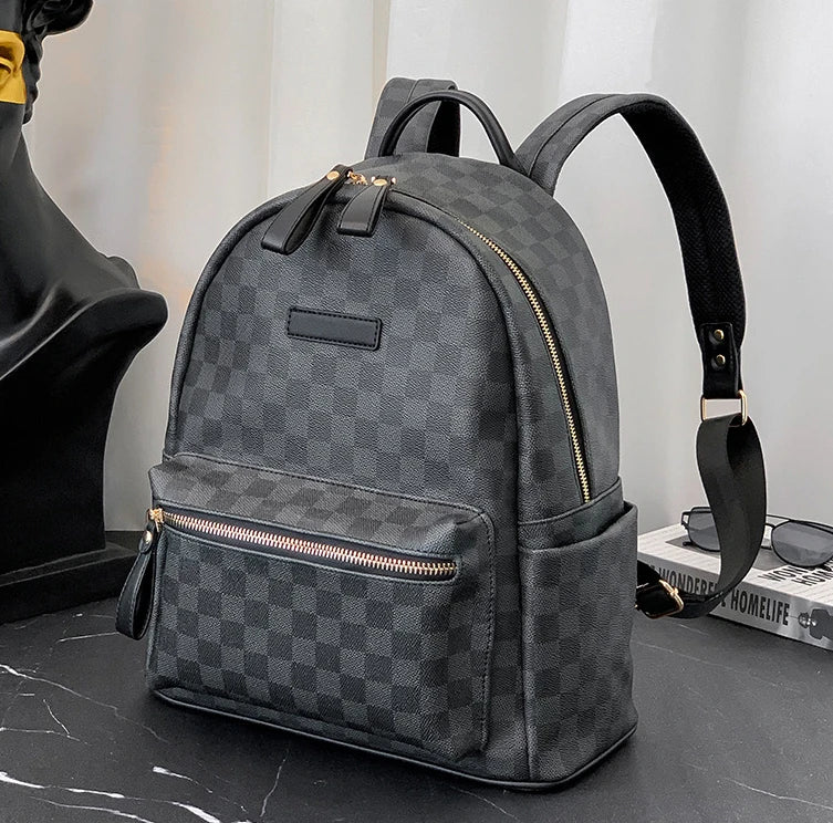 Classic leather plaid backpack, trendy men's new street backpack, fashionable college student schoolbag computer bag