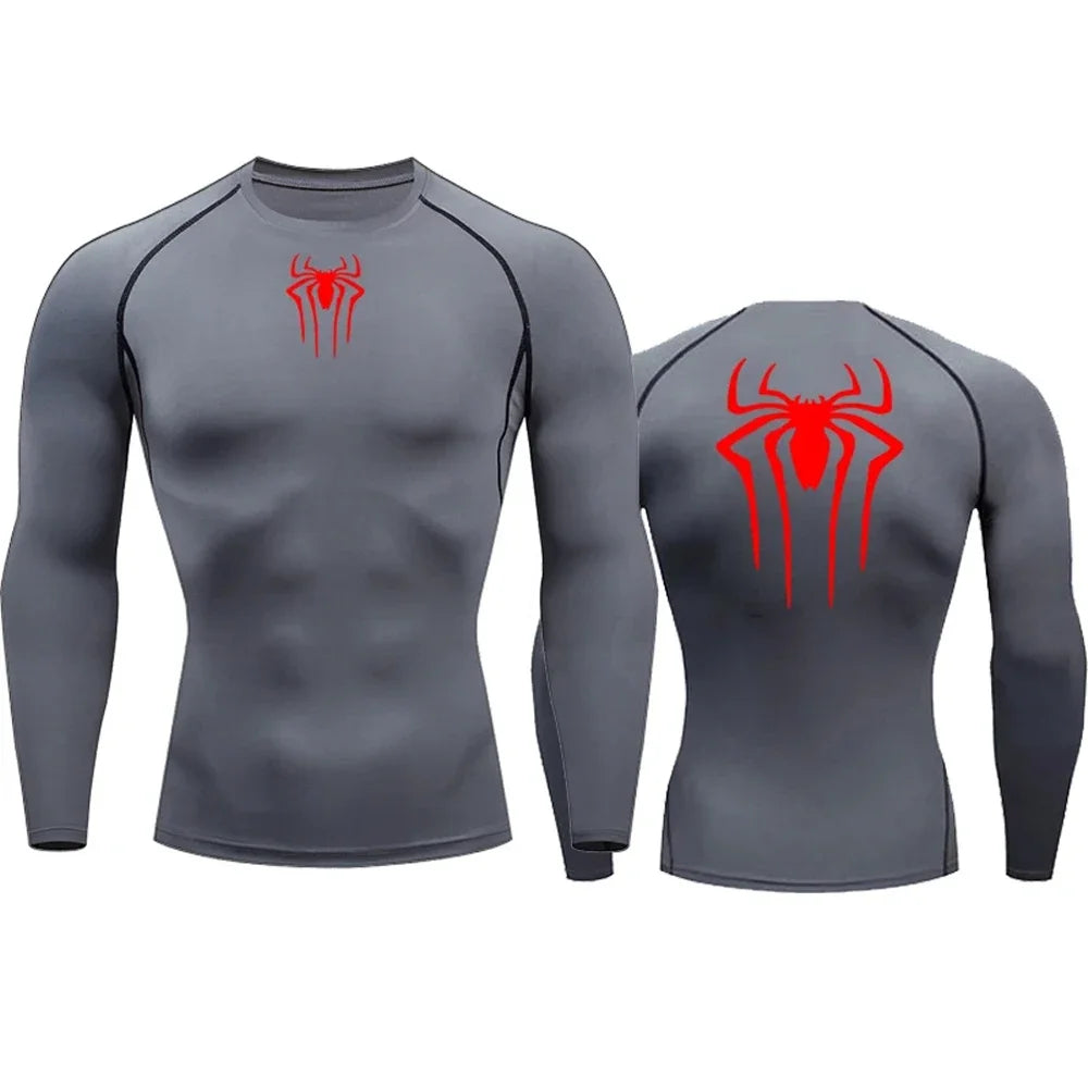 Men's Compression Spider Printed T-Shirt Sports Muscle Fitness Tight Quick-drying Long Sleeve Breathable Gym Bottoming Clothes